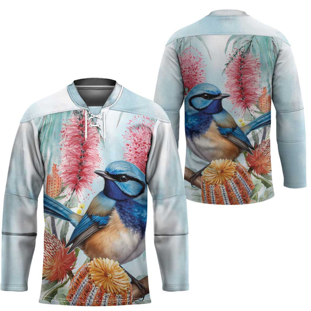 Splendid Fairy-wren Australia Hockey Jersey Aussie National Flowers - Watercolor Style - Aussie Hoodie