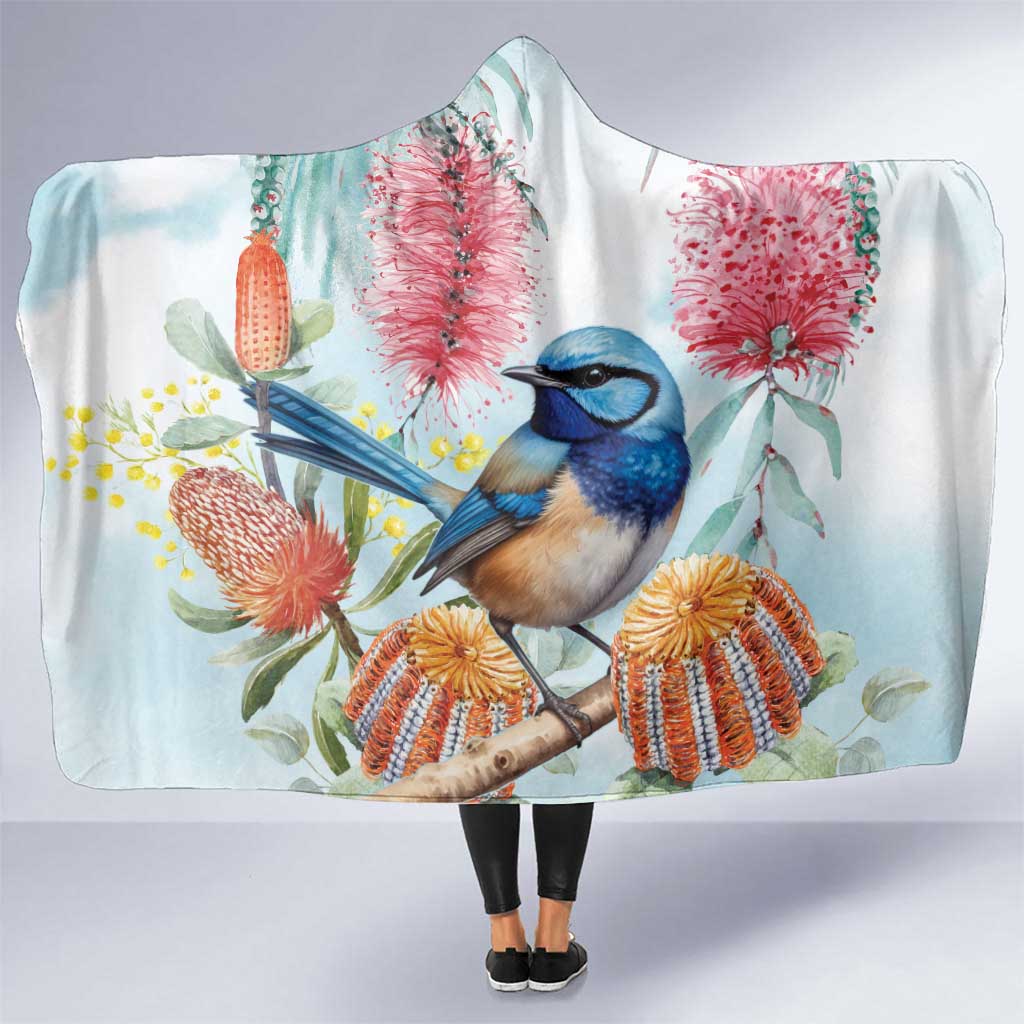 Splendid Fairy-wren Australia Hooded Blanket Aussie National Flowers - Watercolor Style