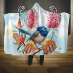 Splendid Fairy-wren Australia Hooded Blanket Aussie National Flowers - Watercolor Style