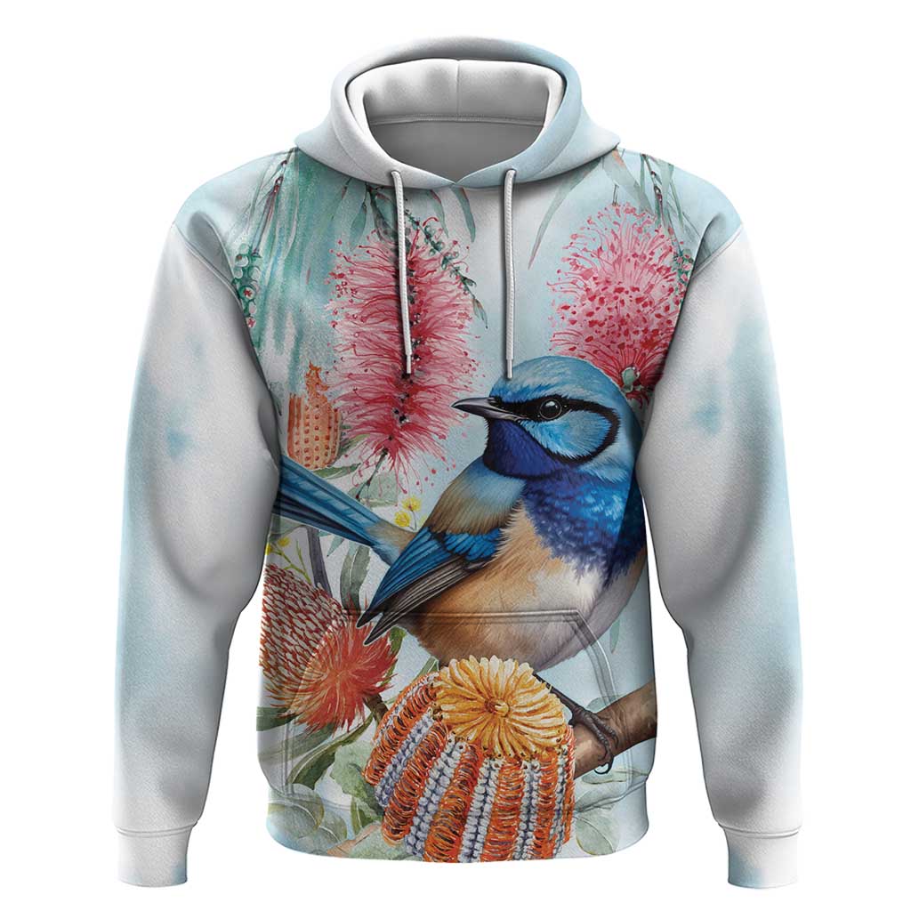Splendid Fairy-wren Australia Hoodie Aussie National Flowers - Watercolor Style