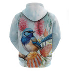 Splendid Fairy-wren Australia Hoodie Aussie National Flowers - Watercolor Style