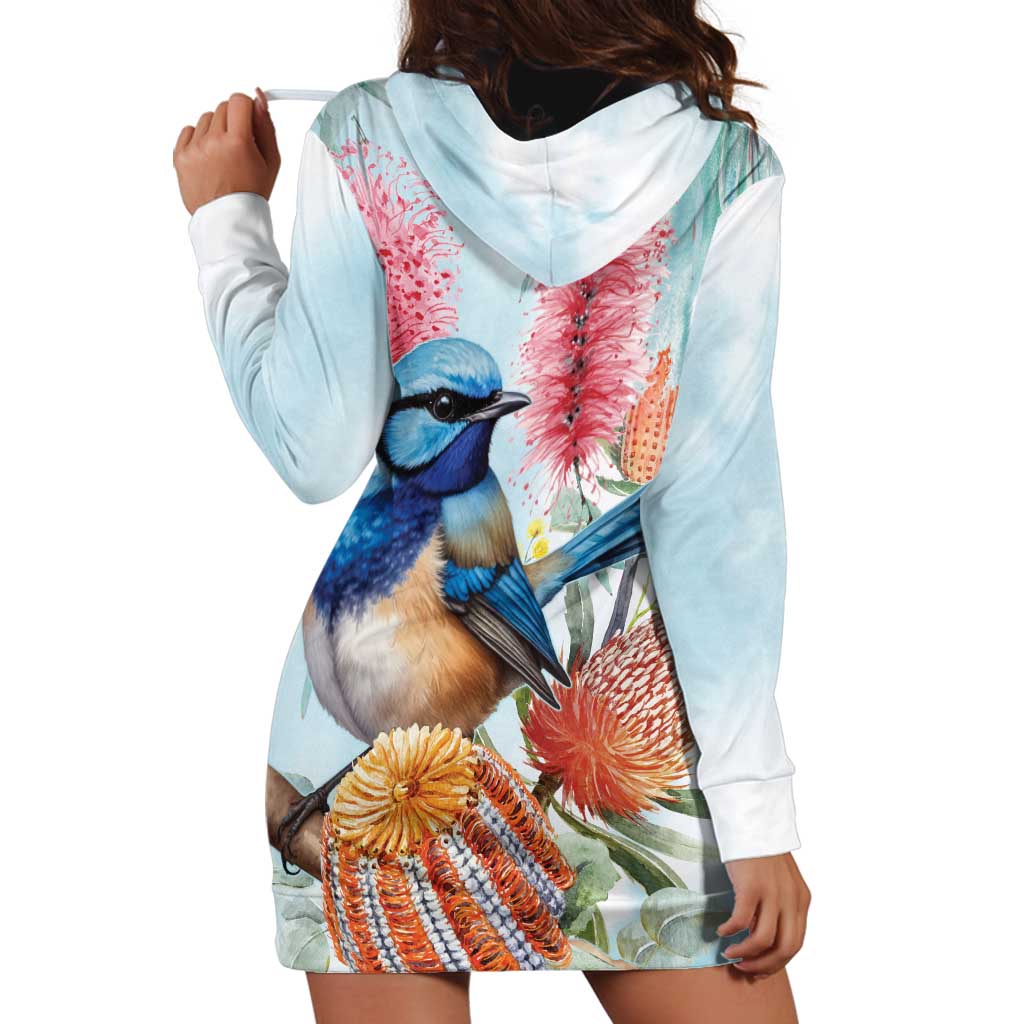 Splendid Fairy-wren Australia Hoodie Dress Aussie National Flowers - Watercolor Style