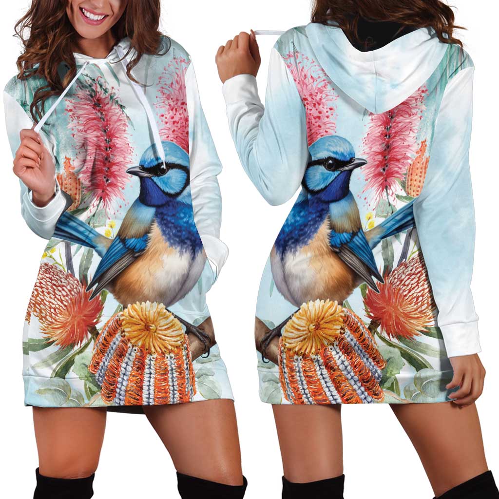 Splendid Fairy-wren Australia Hoodie Dress Aussie National Flowers - Watercolor Style