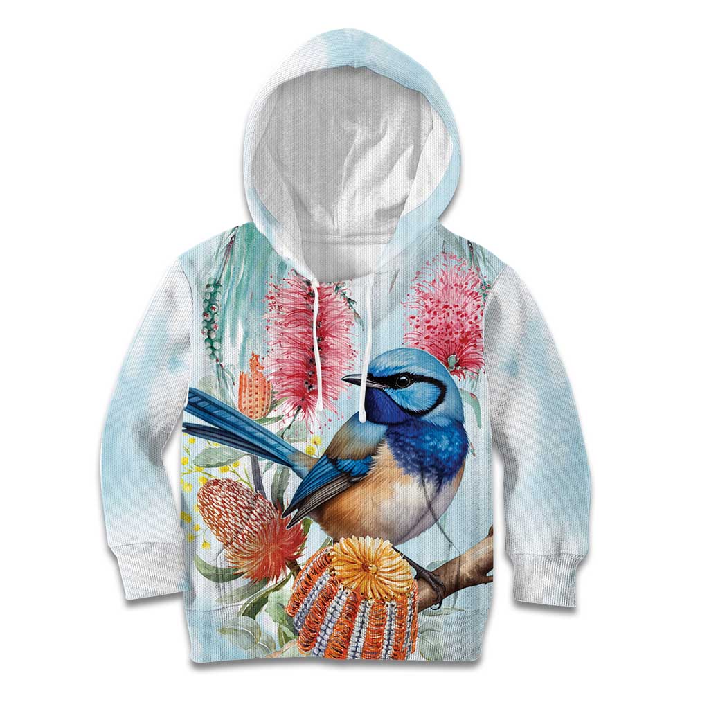 Splendid Fairy-wren Australia Kid Hoodie Aussie National Flowers - Watercolor Style