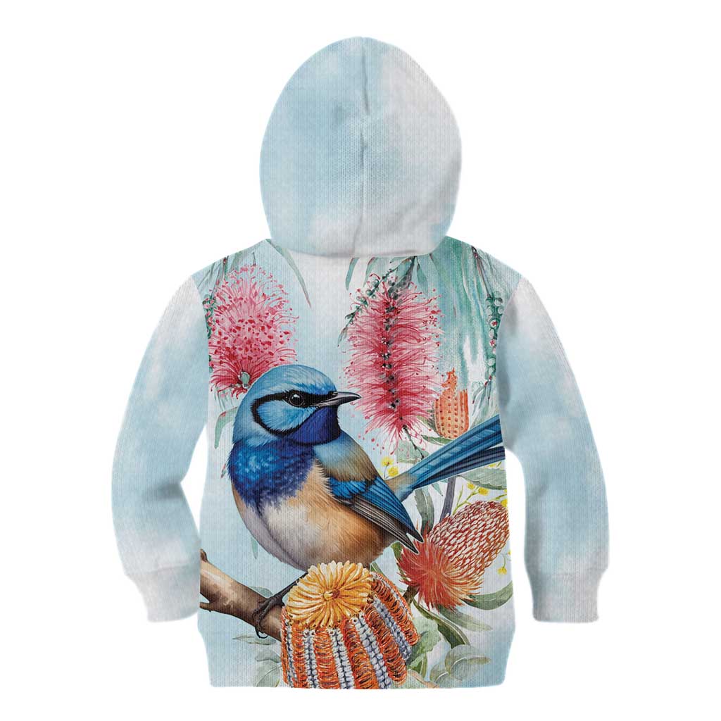 Splendid Fairy-wren Australia Kid Hoodie Aussie National Flowers - Watercolor Style