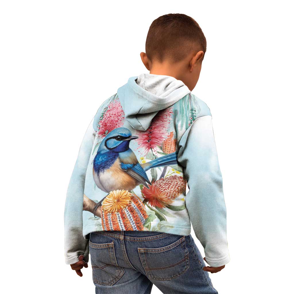 Splendid Fairy-wren Australia Kid Hoodie Aussie National Flowers - Watercolor Style