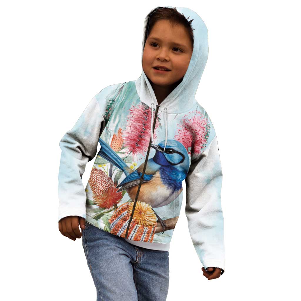 Splendid Fairy-wren Australia Kid Hoodie Aussie National Flowers - Watercolor Style