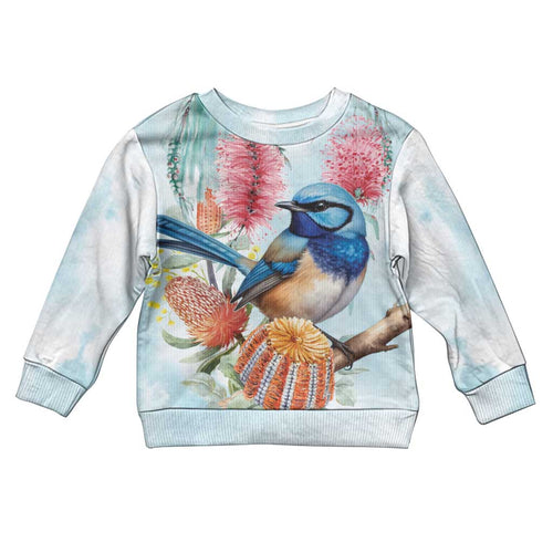 Splendid Fairy-wren Australia Kid Ugly Christmas Sweater Aussie National Flowers - Watercolor Style