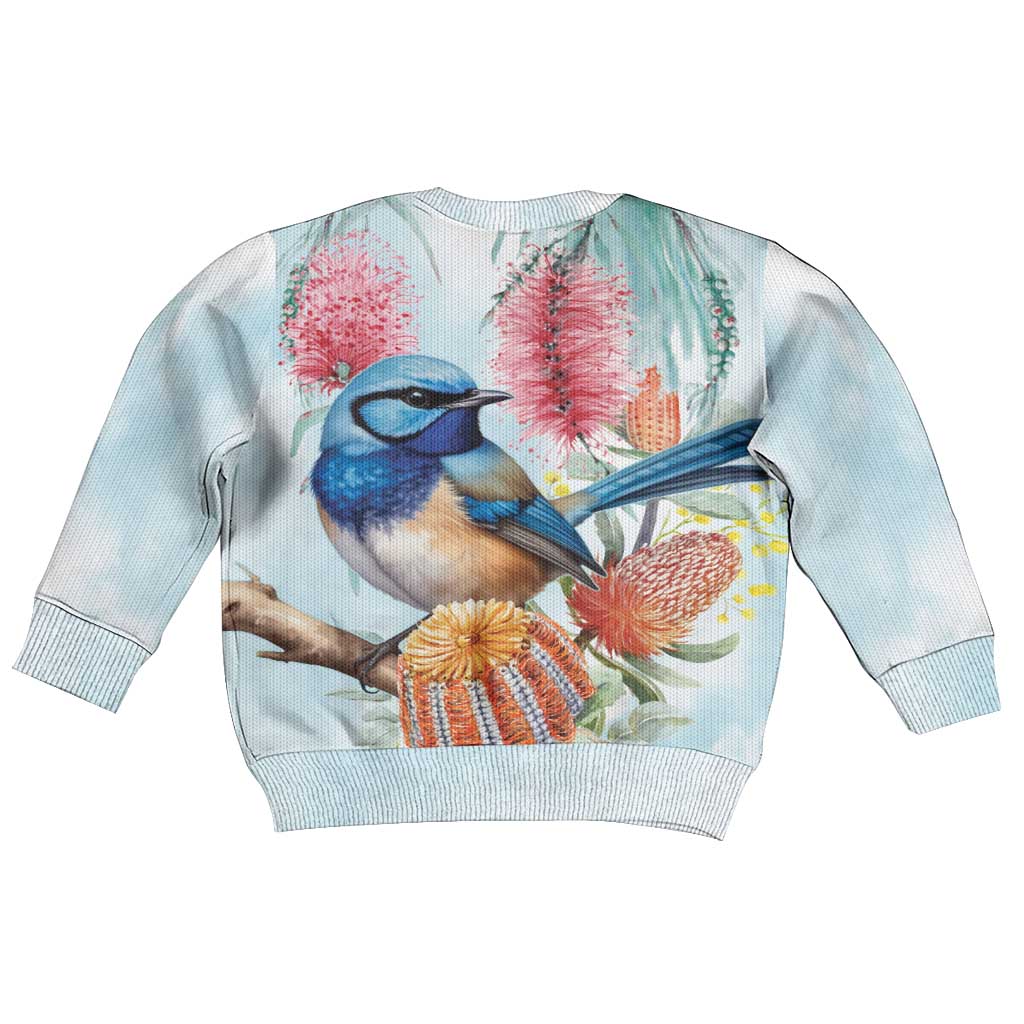 Splendid Fairy-wren Australia Kid Ugly Christmas Sweater Aussie National Flowers - Watercolor Style