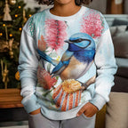 Splendid Fairy-wren Australia Kid Ugly Christmas Sweater Aussie National Flowers - Watercolor Style