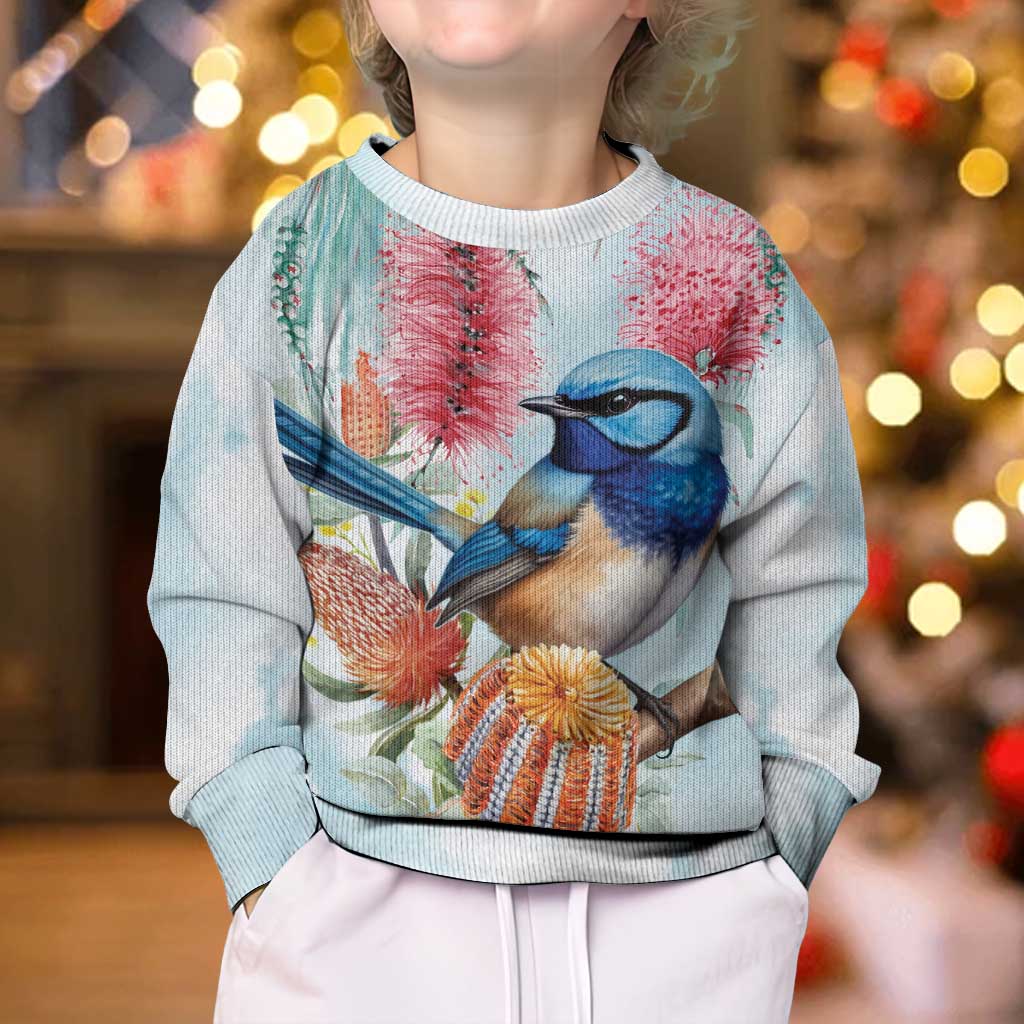 Splendid Fairy-wren Australia Kid Ugly Christmas Sweater Aussie National Flowers - Watercolor Style