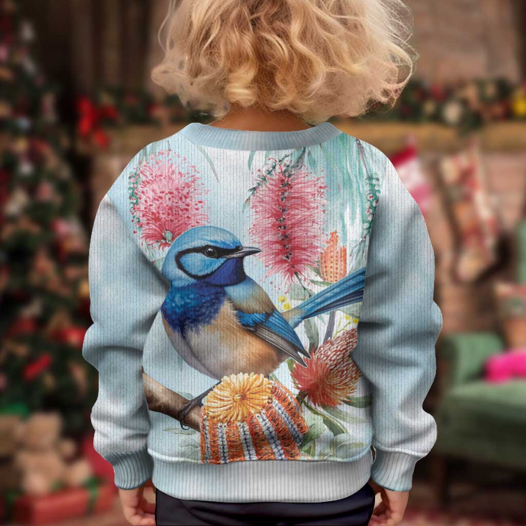 Splendid Fairy-wren Australia Kid Ugly Christmas Sweater Aussie National Flowers - Watercolor Style