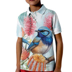 Splendid Fairy-wren Australia Kid Polo Shirt Aussie National Flowers - Watercolor Style