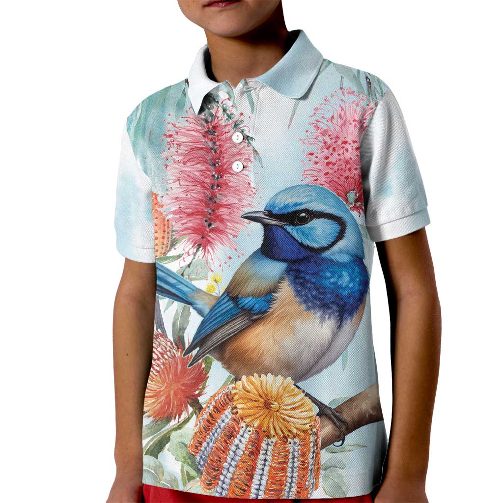 Splendid Fairy-wren Australia Kid Polo Shirt Aussie National Flowers - Watercolor Style