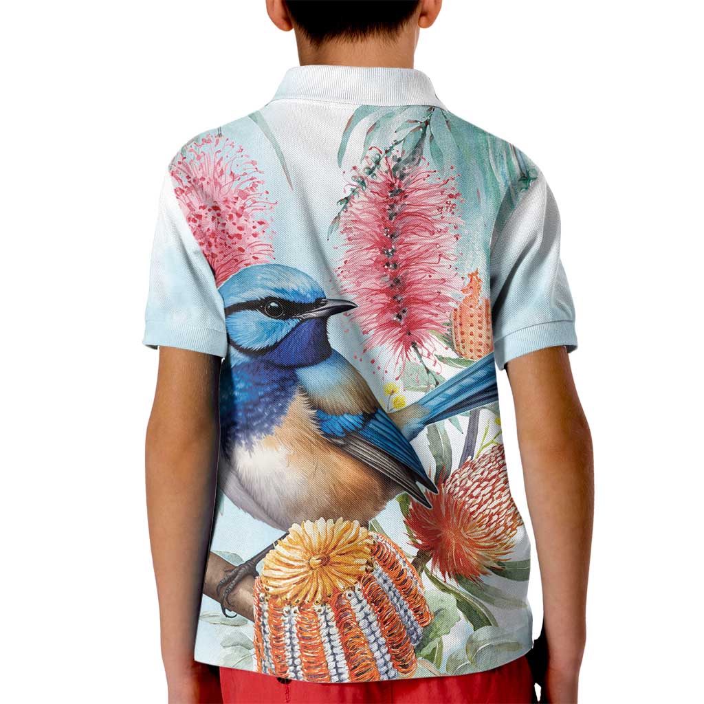 Splendid Fairy-wren Australia Kid Polo Shirt Aussie National Flowers - Watercolor Style