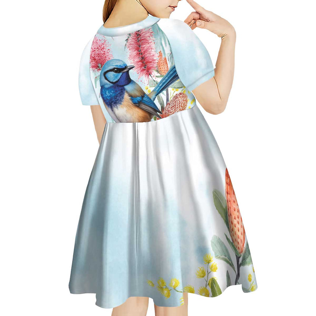 Splendid Fairy-wren Australia Kid Short Sleeve Dress Aussie National Flowers - Watercolor Style