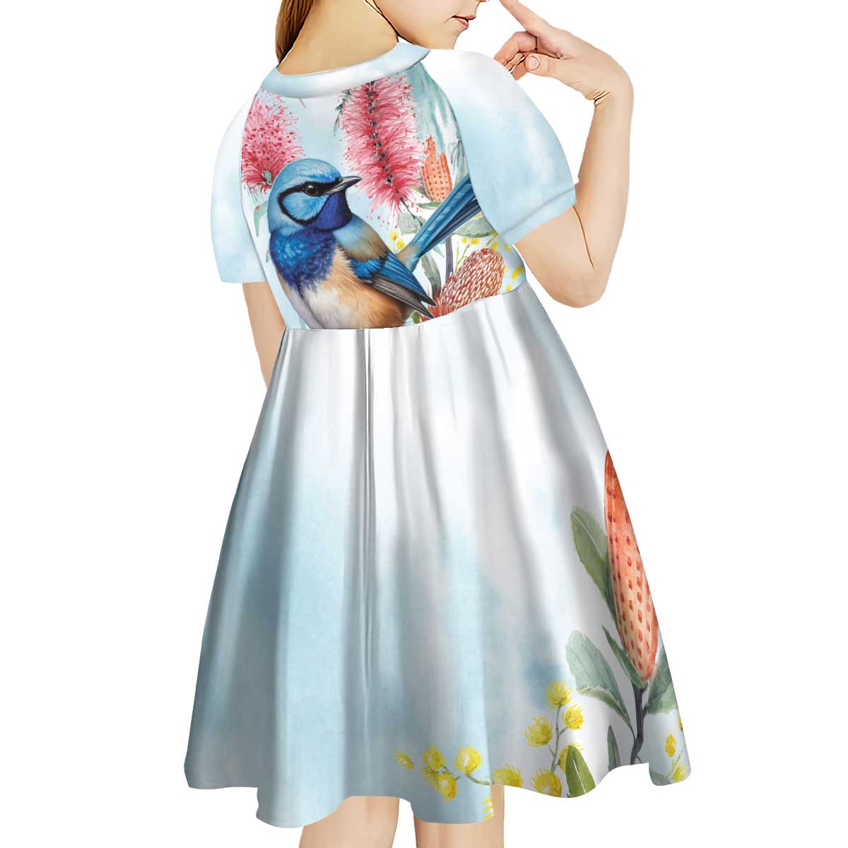 Splendid Fairy-wren Australia Kid Short Sleeve Dress Aussie National Flowers - Watercolor Style