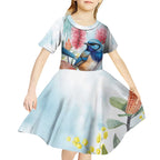 Splendid Fairy-wren Australia Kid Short Sleeve Dress Aussie National Flowers - Watercolor Style