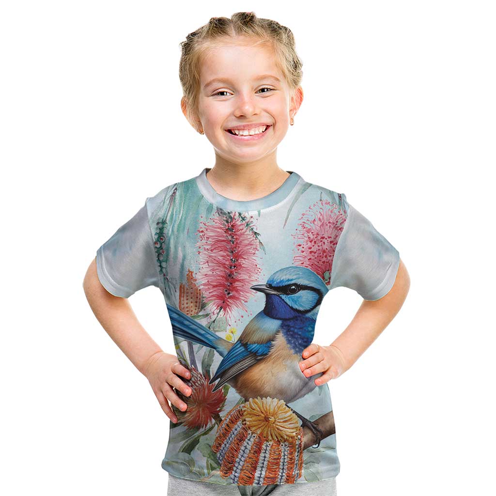Splendid Fairy-wren Australia Kid T Shirt Aussie National Flowers - Watercolor Style
