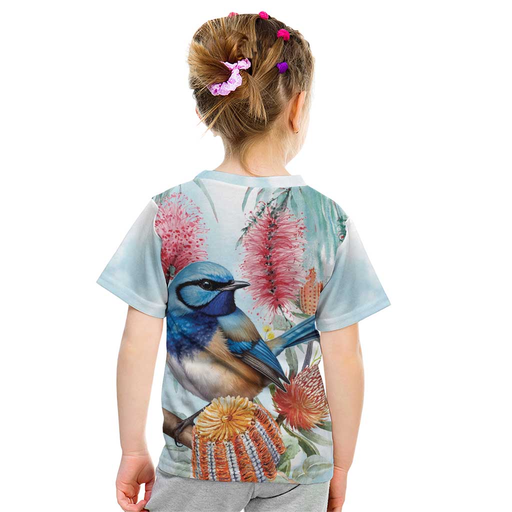 Splendid Fairy-wren Australia Kid T Shirt Aussie National Flowers - Watercolor Style