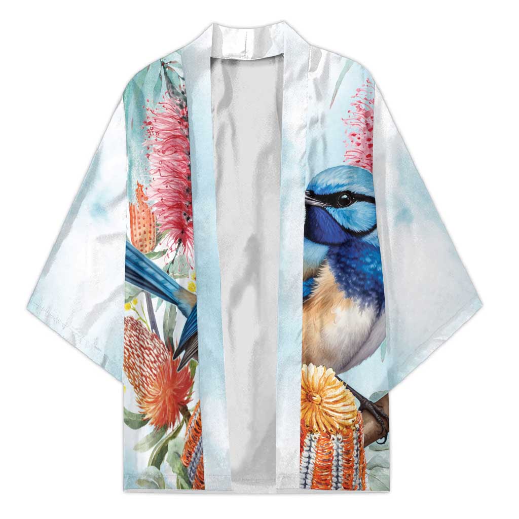 Splendid Fairy-wren Australia Kimono Aussie National Flowers - Watercolor Style - Aussie Hoodie