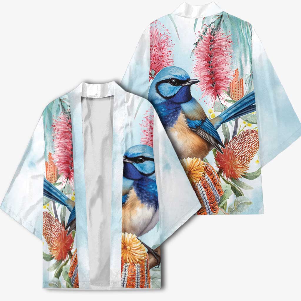 Splendid Fairy-wren Australia Kimono Aussie National Flowers - Watercolor Style - Aussie Hoodie