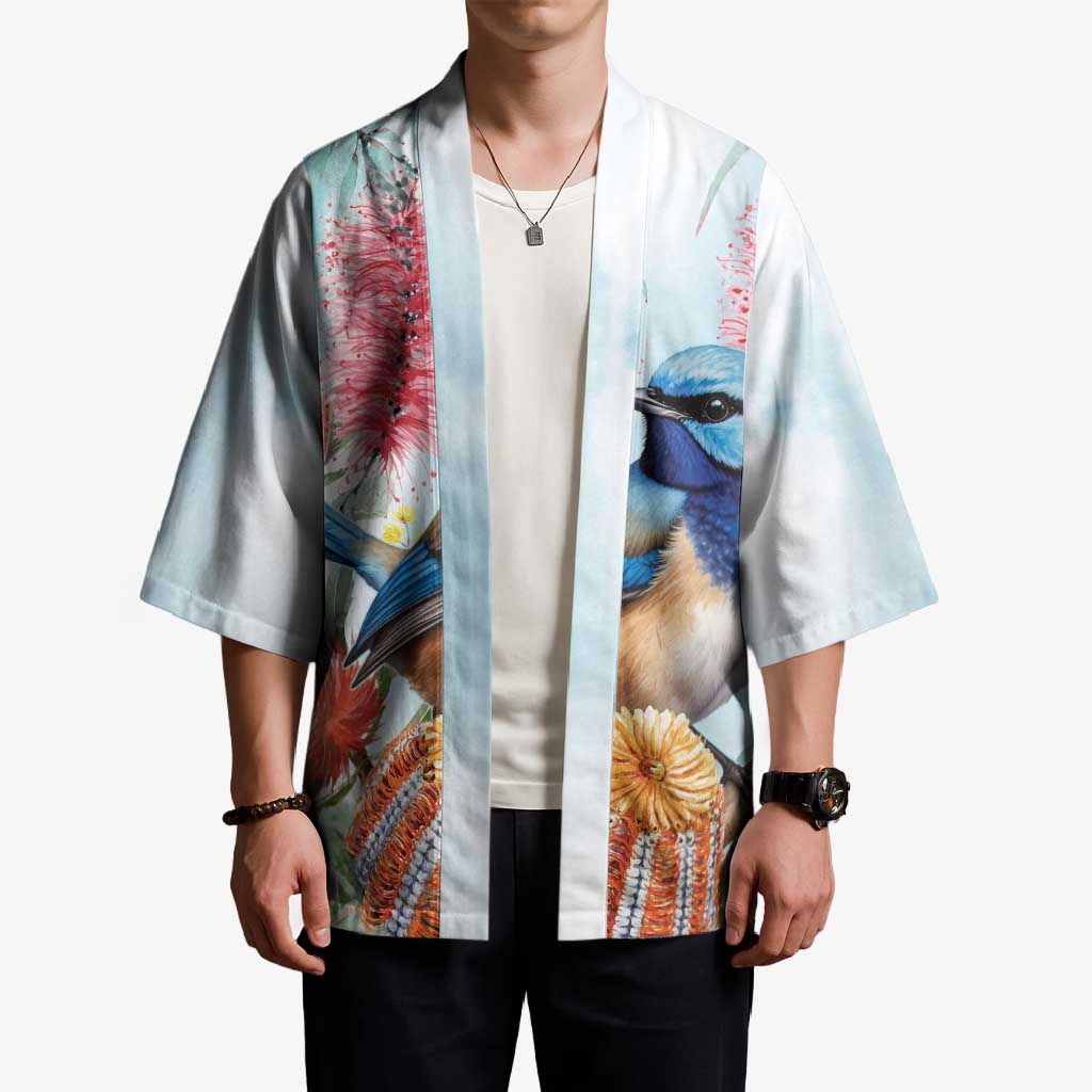 Splendid Fairy-wren Australia Kimono Aussie National Flowers - Watercolor Style - Aussie Hoodie
