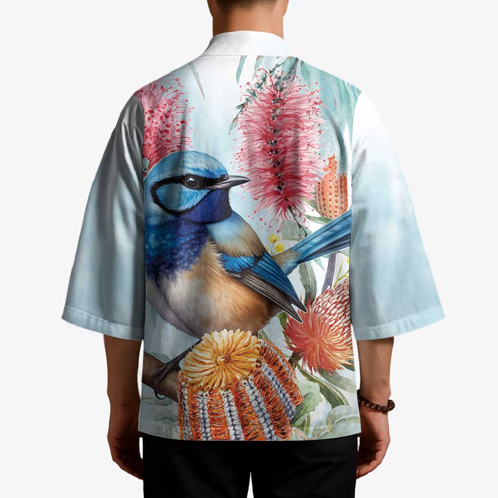 Splendid Fairy-wren Australia Kimono Aussie National Flowers - Watercolor Style - Aussie Hoodie