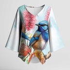 Splendid Fairy-wren Australia Kimono Sleeve Blouse Aussie National Flowers - Watercolor Style - Aussie Hoodie