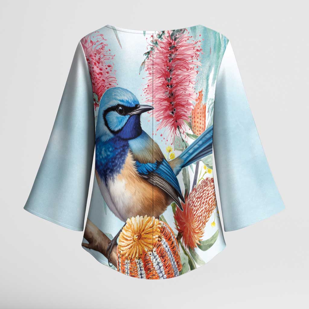 Splendid Fairy-wren Australia Kimono Sleeve Blouse Aussie National Flowers - Watercolor Style - Aussie Hoodie