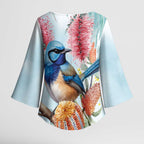 Splendid Fairy-wren Australia Kimono Sleeve Blouse Aussie National Flowers - Watercolor Style - Aussie Hoodie