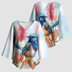 Splendid Fairy-wren Australia Kimono Sleeve Blouse Aussie National Flowers - Watercolor Style - Aussie Hoodie
