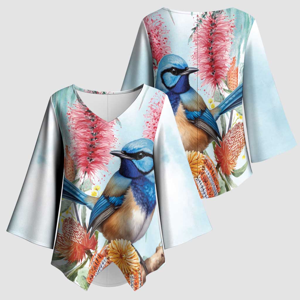 Splendid Fairy-wren Australia Kimono Sleeve Blouse Aussie National Flowers - Watercolor Style - Aussie Hoodie