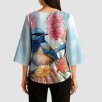 Splendid Fairy-wren Australia Kimono Sleeve Blouse Aussie National Flowers - Watercolor Style - Aussie Hoodie
