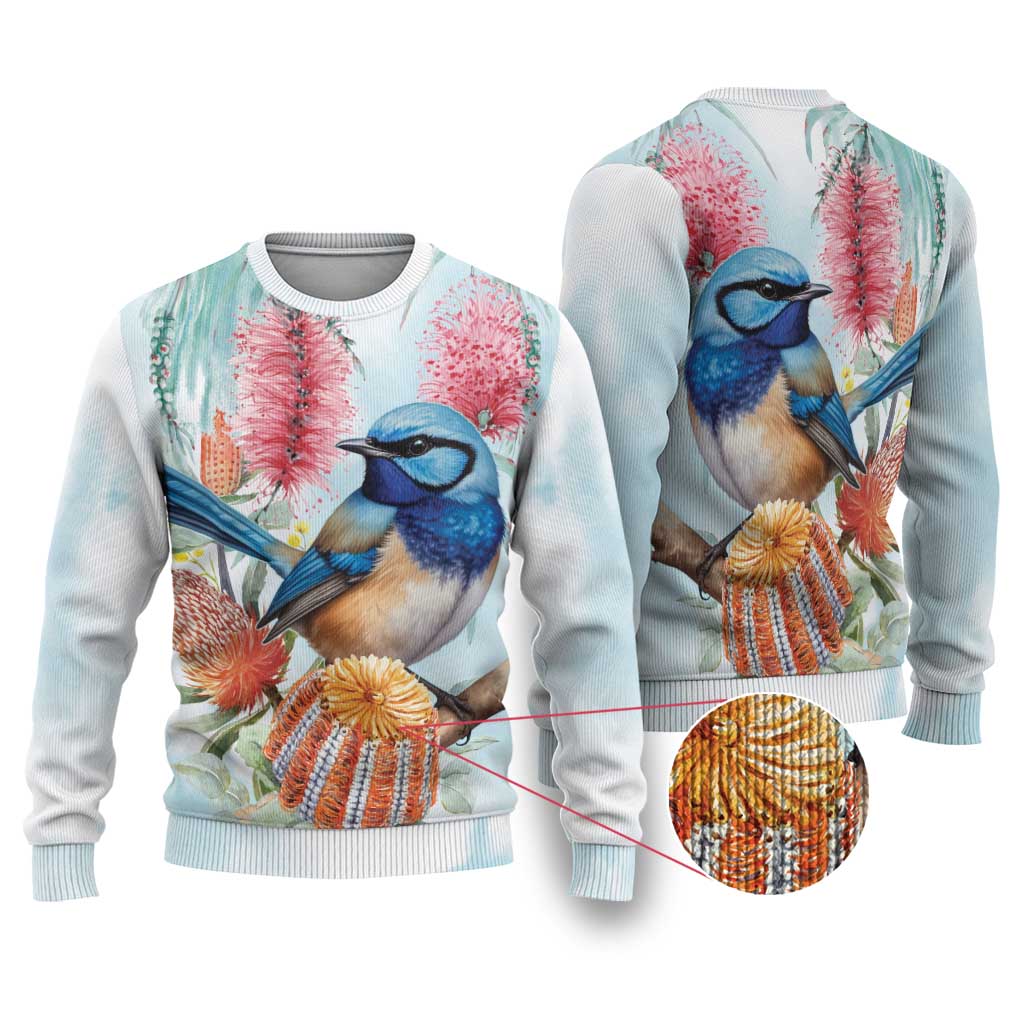 Splendid Fairy-wren Australia Ugly Christmas Sweater Aussie National Flowers - Watercolor Style