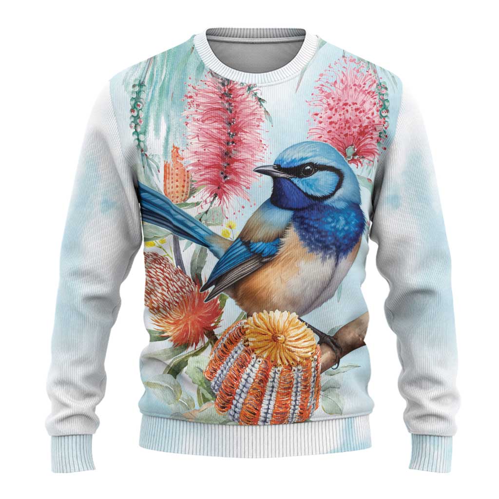 Splendid Fairy-wren Australia Ugly Christmas Sweater Aussie National Flowers - Watercolor Style