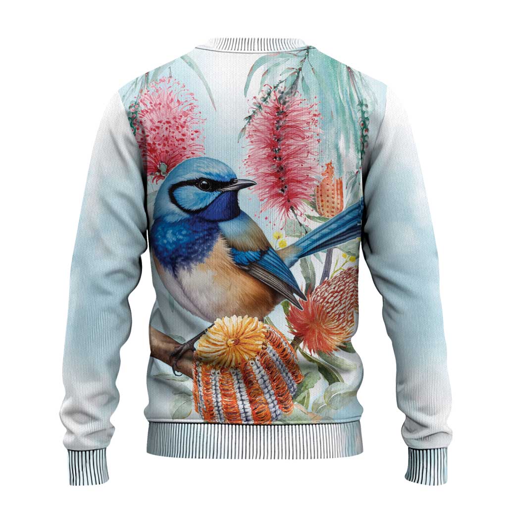 Splendid Fairy-wren Australia Ugly Christmas Sweater Aussie National Flowers - Watercolor Style