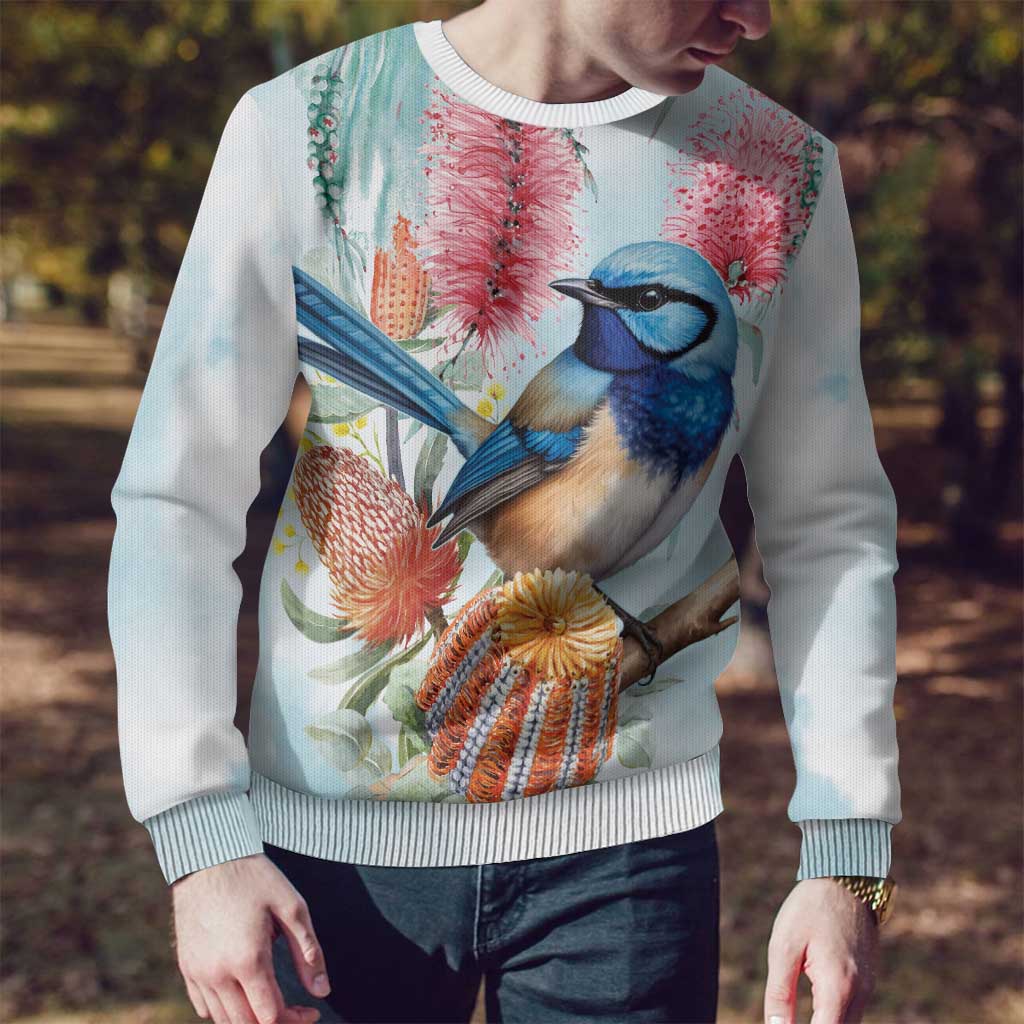 Splendid Fairy-wren Australia Ugly Christmas Sweater Aussie National Flowers - Watercolor Style