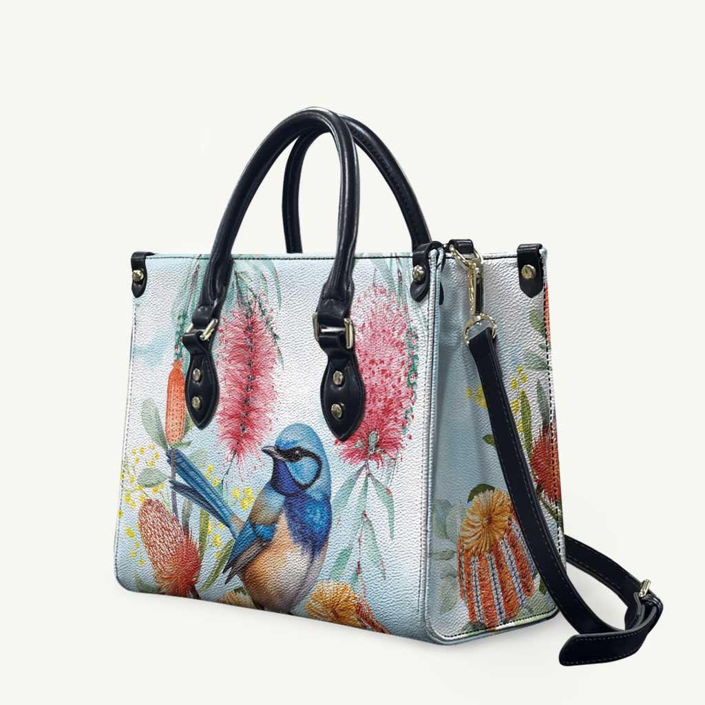 Splendid Fairy-wren Australia Leather Bag Aussie National Flowers - Watercolor Style - Aussie Hoodie