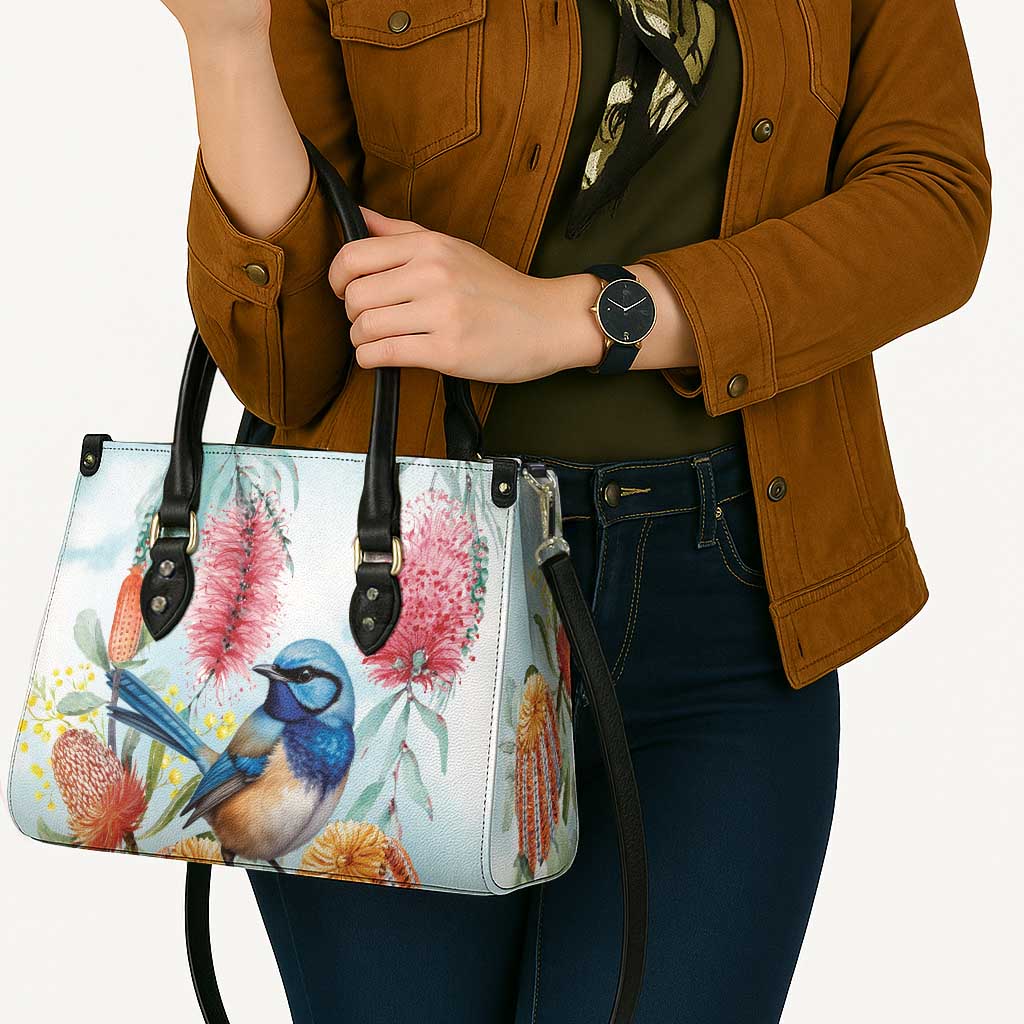 Splendid Fairy-wren Australia Leather Bag Aussie National Flowers - Watercolor Style - Aussie Hoodie