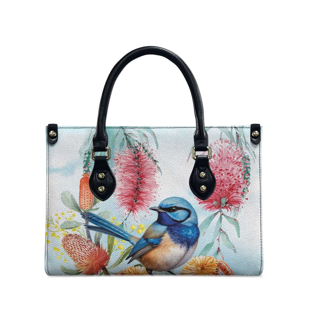 Splendid Fairy-wren Australia Leather Bag Aussie National Flowers - Watercolor Style - Aussie Hoodie