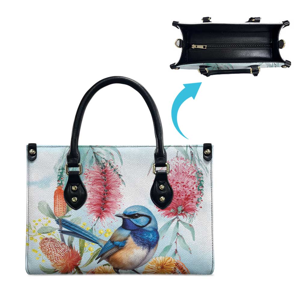Splendid Fairy-wren Australia Leather Bag Aussie National Flowers - Watercolor Style - Aussie Hoodie