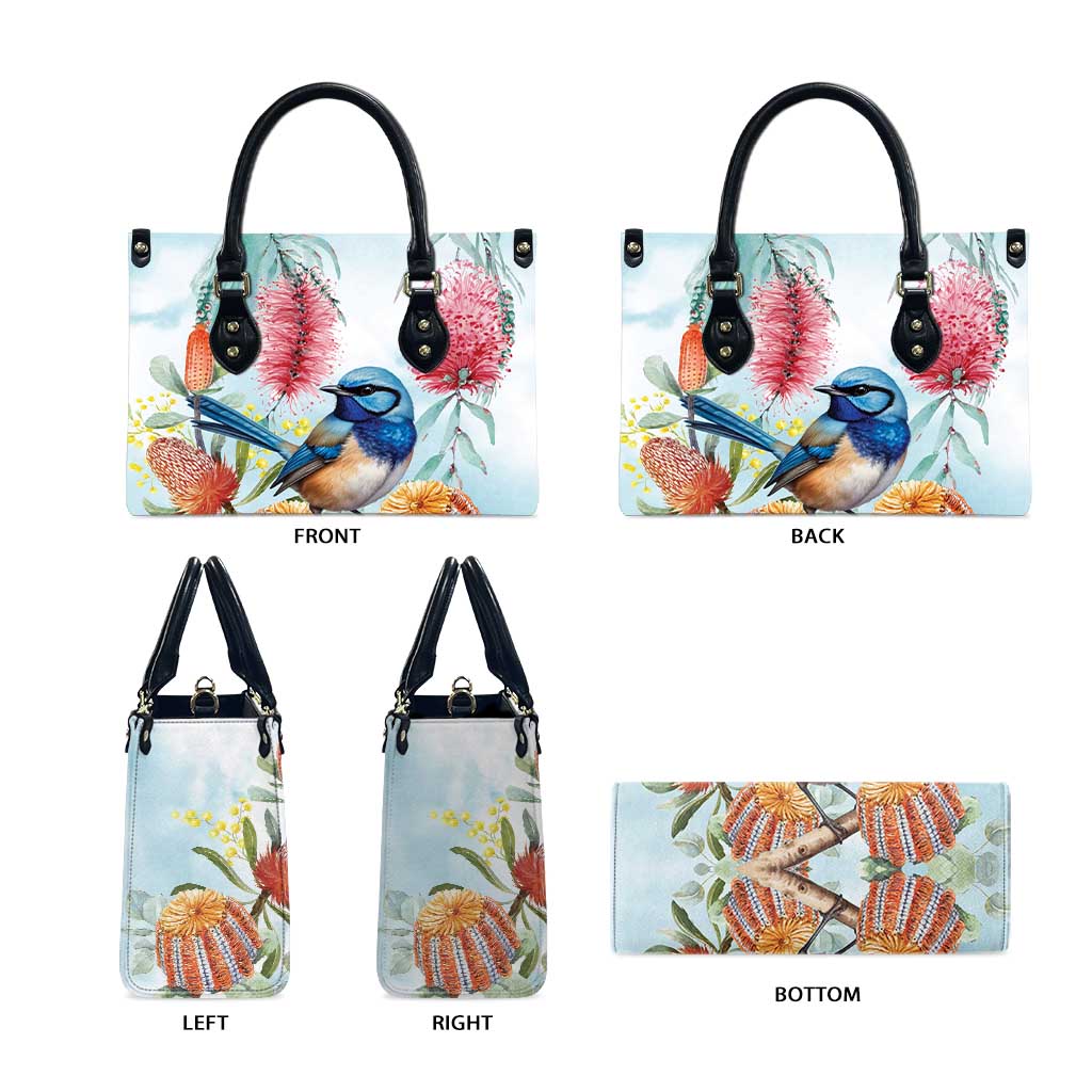 Splendid Fairy-wren Australia Leather Bag Aussie National Flowers - Watercolor Style - Aussie Hoodie