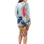 Splendid Fairy-wren Australia Long Sleeve Bodycon Dress Aussie National Flowers - Watercolor Style