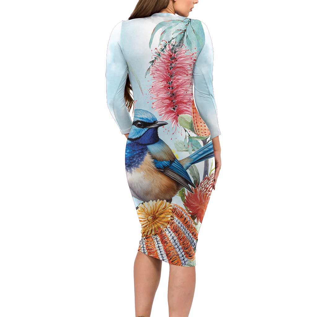 Splendid Fairy-wren Australia Long Sleeve Bodycon Dress Aussie National Flowers - Watercolor Style
