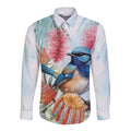 Splendid Fairy-wren Australia Long Sleeve Button Shirt Aussie National Flowers - Watercolor Style