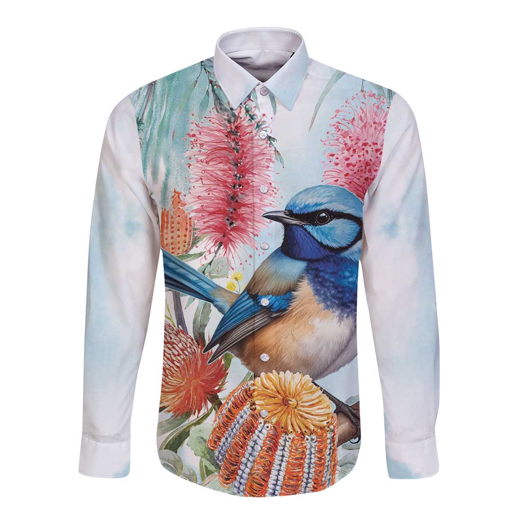 Splendid Fairy-wren Australia Long Sleeve Button Shirt Aussie National Flowers - Watercolor Style