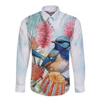Splendid Fairy-wren Australia Long Sleeve Button Shirt Aussie National Flowers - Watercolor Style