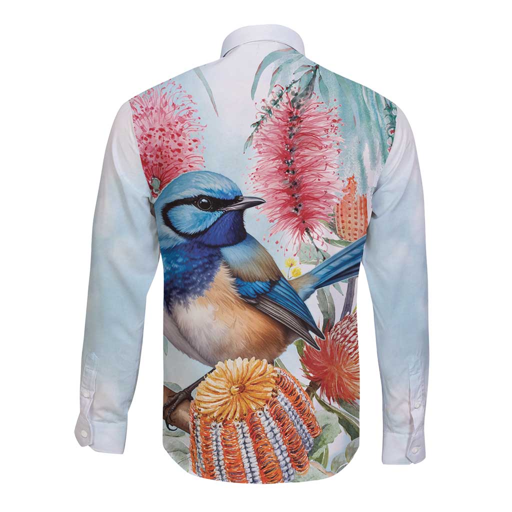Splendid Fairy-wren Australia Long Sleeve Button Shirt Aussie National Flowers - Watercolor Style