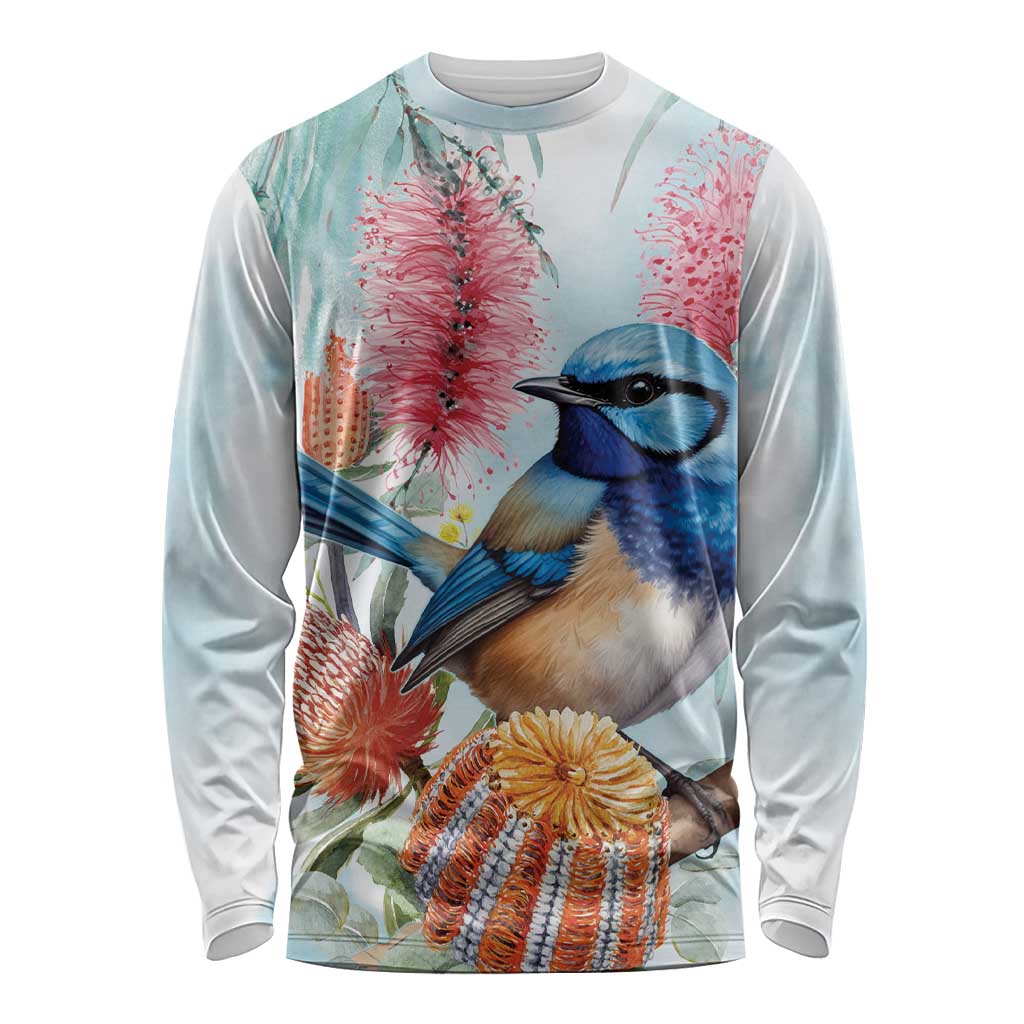 Splendid Fairy-wren Australia Long Sleeve Shirt Aussie National Flowers - Watercolor Style
